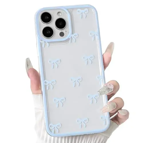 NITITOP Compatible with iPhone 16 Pro Case Cute Clear Durable Ribbon Bowknot Pattern for Girls Women Soft TPU Transparent Full Camera Lens Shockproof Protective Phone Cover - Blue - NITITOP