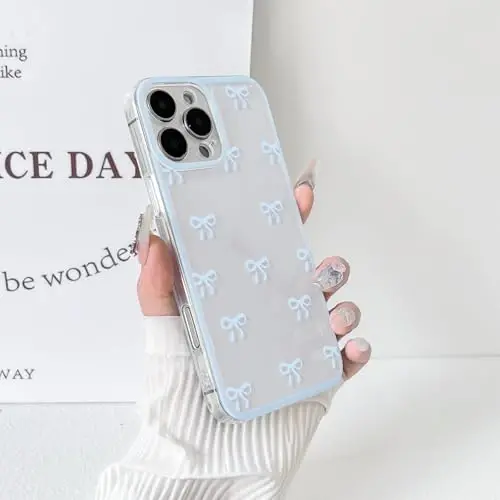 NITITOP Compatible with iPhone 16 Pro Case Cute Clear Durable Ribbon Bowknot Pattern for Girls Women Soft TPU Transparent Full Camera Lens Shockproof Protective Phone Cover - Blue - 5