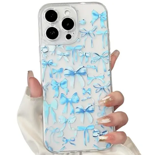 NITITOP Compatible with iPhone 16 Pro Case Cute Clear Bowknot Design for Women Girls Blue Bow Ribbon Soft Fit Slim Stylish Protective Phone Cover - Blue - 1