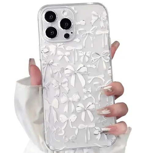 NITITOP Compatible with iPhone 16 Pro Case Cute Clear Bowknot Design for Women Girls White Bow Ribbon Soft Fit Slim Stylish Protective Phone Cover - White - 1