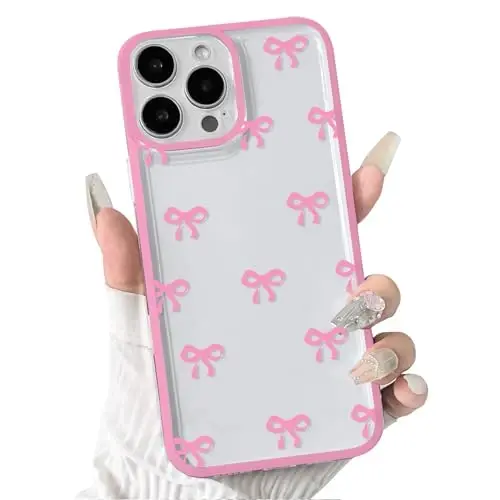 NITITOP iPhone 16 Pro Max bilan mos keladigan chexol Chiroyli tiniq mustahkam lentali bantli qizlar uchun ayollar yumshoq TPU shaffof to'liq kamera linzalari zarbga chidamli himoya telefon qopqog'i - Pushti qizil 