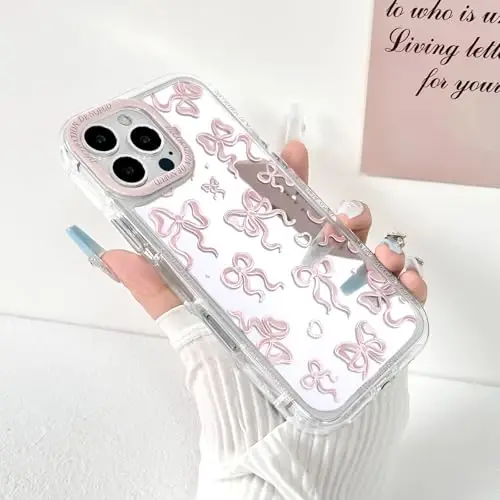 NITITOP iPhone 16 Pro Max bilan mos keladigan G'ilof Chiroyli Oyna Kamon Sevgi Yurak Naqsh Ayollar Qizlar uchun Lenta Dizayni Zarbadan Himoya Kumush Himoya Telefon Qopqog'i - Och Pushti Kamon - 2