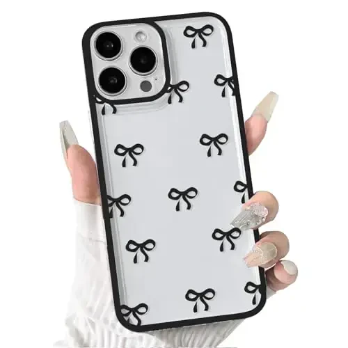 NITITOP iPhone 16 Pro Max bilan mos keladigan g‘ilof, chiroyli tiniq bardoshli lenta kamonchasi naqshli qizlar ayollar uchun yumshoq TPU shaffof to‘liq kamera linzalari zarbga chidamli himoya telefon qopqog‘i - Qora - NITITOP