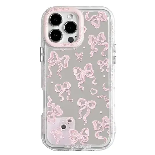 NITITOP Compatible with iPhone 16 Pro Max Case Cute Mirror Bow Love Heart Pattern for Women Girls Ribbon Design Shockproof Silver Protective Phone Cover - Light Pink Bow - 1