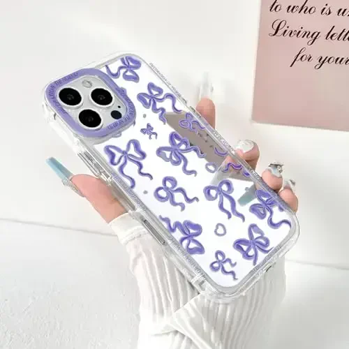NITITOP Compatible with iPhone 16 Pro Max Case Cute Mirror Bow Love Heart Pattern for Women Girls Ribbon Design Shockproof Silver Protective Phone Cover - Purple Bow - NITITOP (1)