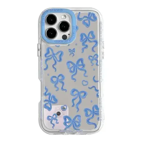 NITITOP Compatible with iPhone 16 Pro Max Case Cute Mirror Bow Love Heart Pattern for Women Girls Ribbon Design Shockproof Silver Protective Phone Cover - Indigo Blue Bow - 1