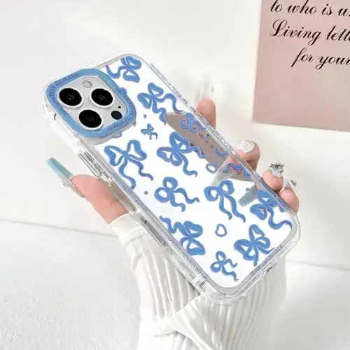NITITOP Compatible with iPhone 16 Pro Max Case Cute Mirror Bow Love Heart Pattern for Women Girls Ribbon Design Shockproof Silver Protective Phone Cover - Indigo Blue Bow - NITITOP (1)