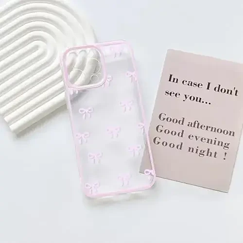NITITOP Compatible with iPhone 16 Pro Max Case Cute Clear Durable Ribbon Bowknot Pattern for Girls Women Soft TPU Transparent Full Camera Lens Shockproof Protective Phone Cover - Pink - 3