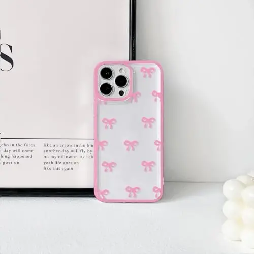 NITITOP Compatible with iPhone 16 Pro Max Case Cute Clear Durable Ribbon Bowknot Pattern for Girls Women Soft TPU Transparent Full Camera Lens Shockproof Protective Phone Cover - Rose Red - 4