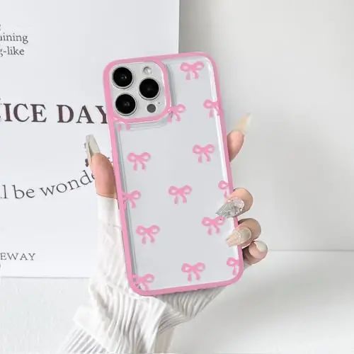 NITITOP Compatible with iPhone 16 Pro Max Case Cute Clear Durable Ribbon Bowknot Pattern for Girls Women Soft TPU Transparent Full Camera Lens Shockproof Protective Phone Cover - Rose Red 