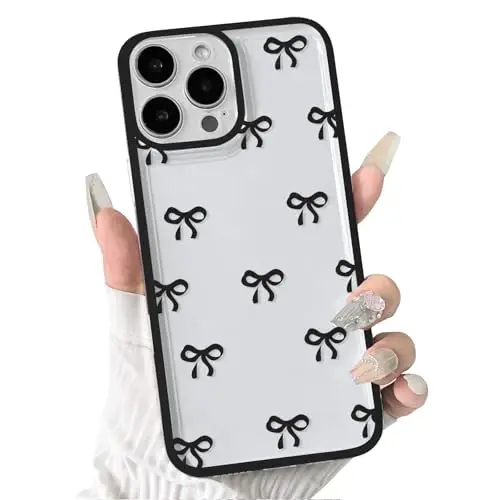 NITITOP Compatible with iPhone 16 Pro Max Case Cute Clear Durable Ribbon Bowknot Pattern for Girls Women Soft TPU Transparent Full Camera Lens Shockproof Protective Phone Cover - Black - NITITOP
