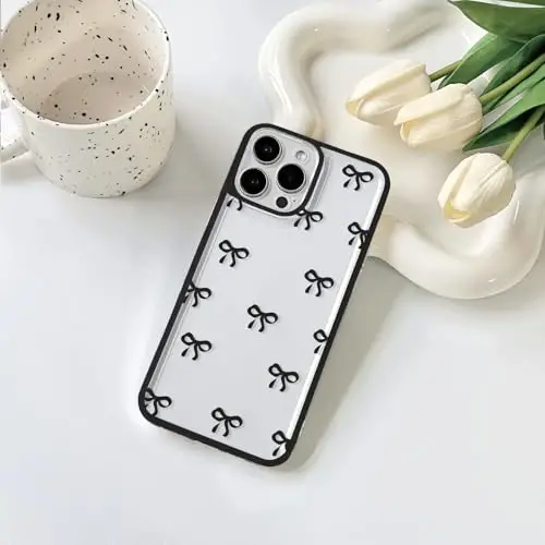 NITITOP Compatible with iPhone 16 Pro Max Case Cute Clear Durable Ribbon Bowknot Pattern for Girls Women Soft TPU Transparent Full Camera Lens Shockproof Protective Phone Cover - Black - NITITOP (1)