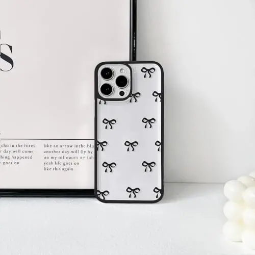 NITITOP Compatible with iPhone 16 Pro Max Case Cute Clear Durable Ribbon Bowknot Pattern for Girls Women Soft TPU Transparent Full Camera Lens Shockproof Protective Phone Cover - Black - 4
