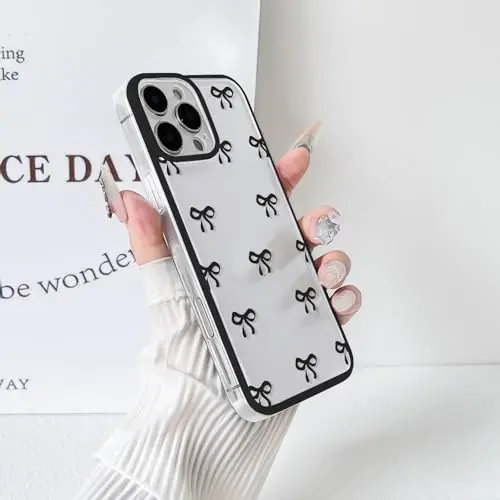 NITITOP Compatible with iPhone 16 Pro Max Case Cute Clear Durable Ribbon Bowknot Pattern for Girls Women Soft TPU Transparent Full Camera Lens Shockproof Protective Phone Cover - Black 