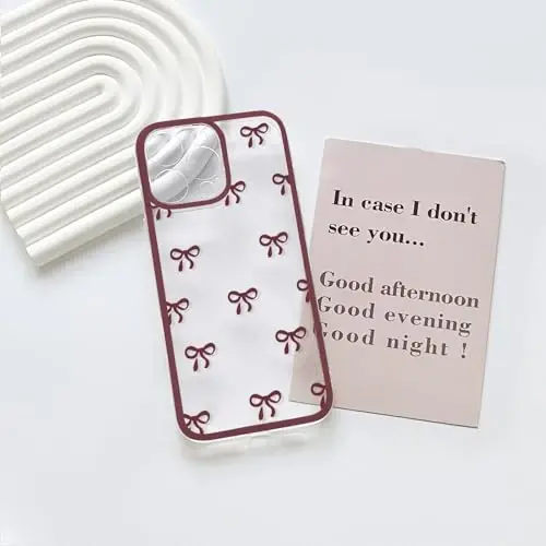 NITITOP Compatible with iPhone 16 Pro Max Case Cute Clear Durable Ribbon Bowknot Pattern for Girls Women Soft TPU Transparent Full Camera Lens Shockproof Protective Phone Cover - Wine Red - 9