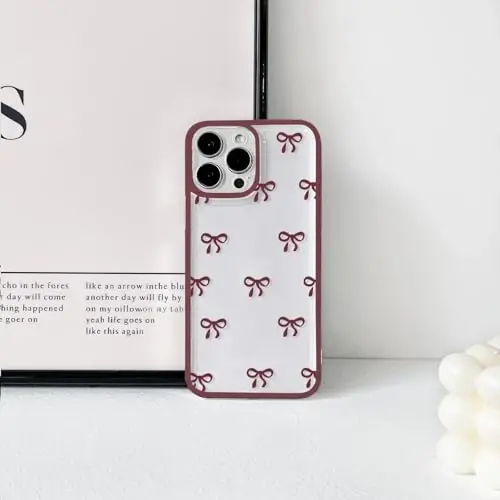 NITITOP Compatible with iPhone 16 Pro Max Case Cute Clear Durable Ribbon Bowknot Pattern for Girls Women Soft TPU Transparent Full Camera Lens Shockproof Protective Phone Cover - Wine Red - 10