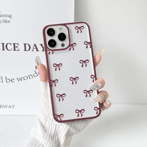NITITOP Compatible with iPhone 16 Pro Max Case Cute Clear Durable Ribbon Bowknot Pattern for Girls Women Soft TPU Transparent Full Camera Lens Shockproof Protective Phone Cover - Wine Red - 12