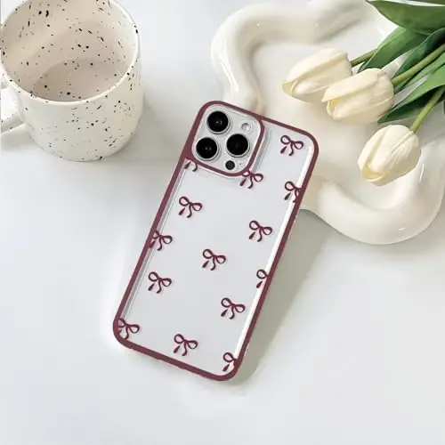 NITITOP Compatible with iPhone 16 Pro Max Case Cute Clear Durable Ribbon Bowknot Pattern for Girls Women Soft TPU Transparent Full Camera Lens Shockproof Protective Phone Cover - Wine Red - NITITOP (1)