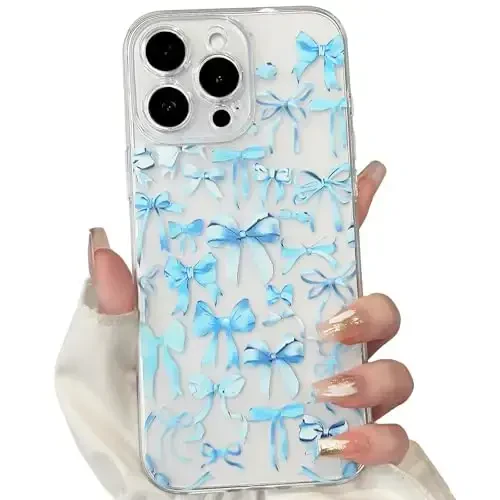 NITITOP Compatible with iPhone 16 Pro Max Case Cute Clear Bowknot Design for Women Girls Blue Bow Ribbon Soft Fit Slim Stylish Protective Phone Cover - Blue - NITITOP