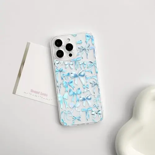 NITITOP Compatible with iPhone 16 Pro Max Case Cute Clear Bowknot Design for Women Girls Blue Bow Ribbon Soft Fit Slim Stylish Protective Phone Cover - Blue - 2