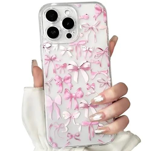 NITITOP Compatible with iPhone 16 Pro Max Case Cute Clear Bowknot Design for Women Girls Pink Bow Ribbon Soft Fit Slim Stylish Protective Phone Cover - Pink - 1