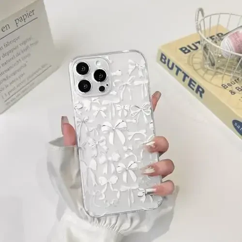 NITITOP iPhone 16 Pro Max uchun mos keladigan chexol Ayollar qizlar uchun yoqimli tiniq bant dizayni Oq kamon lentalari Yumshoq tor Stilish himoya telefon qopqog'i - Oq - 3