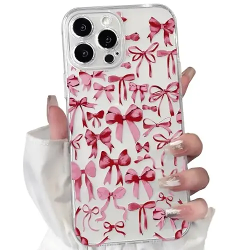 NITITOP iPhone 16 Pro Max uchun mos keladigan g'ilof Ayollar qizlar uchun yoqimli tiniq bant dizayni Qizil kamon lenta Yumshoq tor Slim zamonaviy himoya telefon qopqog'i - Qizil - 1