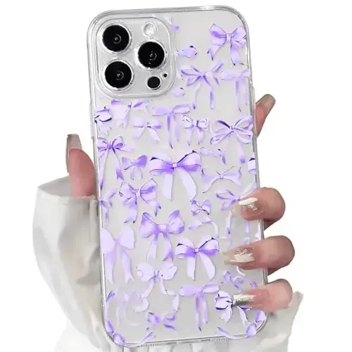 NITITOP iPhone 16 Pro Max uchun mos keladigan g'ilof, ayollar qizlar uchun yoqimli tiniq kamon dizayni, binafsha kamon lenta yumshoq ingichka zamonaviy himoya telefon qopqog'i - binafsha - NITITOP