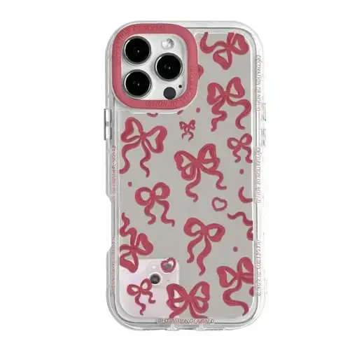 NITITOP iPhone 16 Pro Max uchun mos keladigan g'ilof, ayollar va qizlar uchun yoqimli oyna, kamon, yurak naqshli, lentalik dizayn, zarbaga chidamli kumush himoya telefon qopqog'i - sharob rangli kamon 