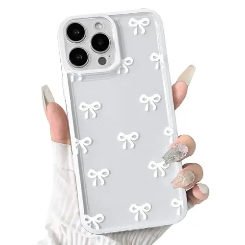 NITITOP iPhone 16 Pro Max uchun mos keladigan g'ilof Chiroyli tiniq bardoshli lenta bantikli qizlar ayollar uchun yumshoq TPU shaffof to'liq kamera linzalari zarbaga chidamli himoya telefon qopqog'i - Oq - NITITOP