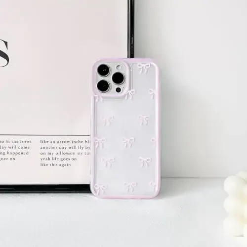 NITITOP iPhone 16 Pro uchun g'ilof bilan mos keladi Qizlar ayollar uchun chiroyli shaffof chidamli lenta kamon naqshli yumshoq TPU shaffof to'liq kamera linzalari zarbga chidamli himoya telefon qopqog'i - pushti - 10