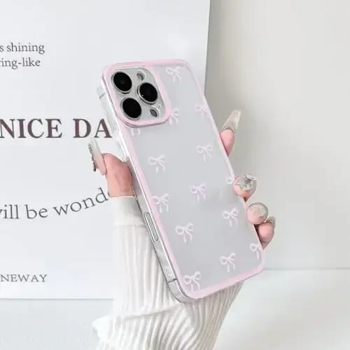 NITITOP iPhone 16 Pro uchun g'ilof bilan mos keladi Qizlar ayollar uchun chiroyli shaffof chidamli lenta kamon naqshli yumshoq TPU shaffof to'liq kamera linzalari zarbga chidamli himoya telefon qopqog'i - pushti - 9