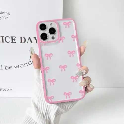 NITITOP iPhone 16 Pro uchun mos keladigan chexol Qizlar ayollar uchun yoqimli tiniq bardoshli lenta kamonchasi naqshli yumshoq TPU shaffof to'liq kamera linzalari zarbga chidamli himoya telefon qopqog'i - och qizil - 6