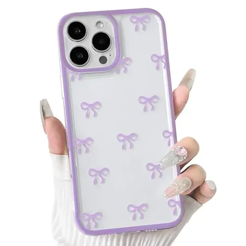 NITITOP iPhone 16 Pro uchun mos keladigan g'ilof Qizlar ayollar uchun chiroyli tiniq bardoshli lenta bantli kamon naqshli yumshoq TPU shaffof to'liq kamera linzalari zarbga chidamli himoya telefon qopqog'i - Binafsha - 1