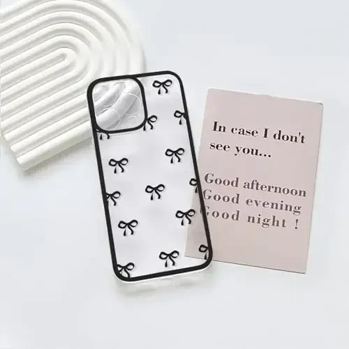 NITITOP iPhone 16 Pro uchun mos keladigan g'ilof, qizlar va ayollar uchun yoqimli tiniq chidamli lenta kamon naqshli yumshoq TPU shaffof to'liq kamera linzalari zarbga chidamli himoya telefon qopqog'i - Qora - 3