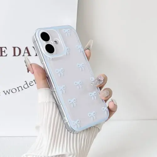 NITITOP iPhone 16 uchun g'ilof bilan mos keladi, qizlar va ayollar uchun chiroyli tiniq, bardoshli lenta kamon naqshli, yumshoq TPU shaffof to'liq kamera linzalari zarbga chidamli himoya telefon qopqog'i - ko'k - 5