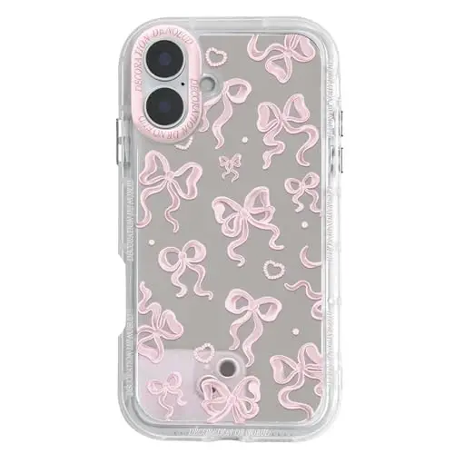 NITITOP iPhone 16 uchun mos keladigan chexol Ayollar qizlar uchun yoqimli oyna kamon sevgi yurak naqshli lenta dizayni zarbaga chidamli kumush himoya telefon qopqog'i - och pushti kamon - NITITOP
