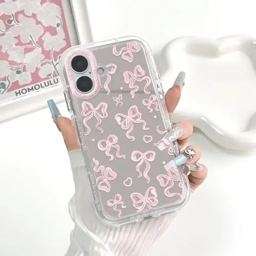 NITITOP iPhone 16 uchun mos keladigan chexol Ayollar qizlar uchun yoqimli oyna kamon sevgi yurak naqshli lenta dizayni zarbaga chidamli kumush himoya telefon qopqog'i - och pushti kamon - 3