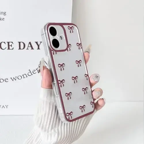 NITITOP iPhone 16 uchun mos keladigan chexol Qizlar ayollar uchun yoqimli tiniq chidamli lenta kamon naqshli yumshoq TPU shaffof to'liq kamera linzalari zarbga chidamli himoya telefon qopqog'i - To'q qizil - 7