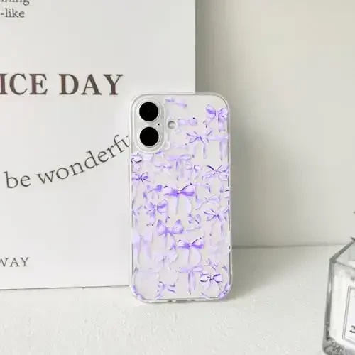 NITITOP iPhone 16 uchun mos keladigan g'ilof Ayollar qizlar uchun yoqimli tiniq kamon dizayni Binafsha kamon lenta Yumshoq tor Slim Zamonaviy himoya telefon qopqog'i - Binafsha - 5