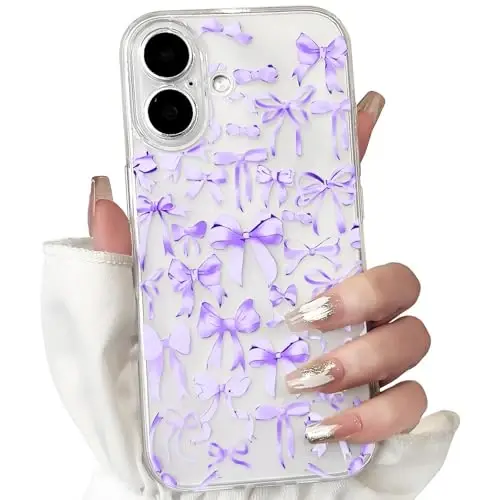 NITITOP iPhone 16 uchun mos keladigan g'ilof Ayollar qizlar uchun yoqimli tiniq kamon dizayni Binafsha kamon lenta Yumshoq tor Slim Zamonaviy himoya telefon qopqog'i - Binafsha - NITITOP