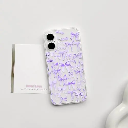 NITITOP iPhone 16 uchun mos keladigan g'ilof Ayollar qizlar uchun yoqimli tiniq kamon dizayni Binafsha kamon lenta Yumshoq tor Slim Zamonaviy himoya telefon qopqog'i - Binafsha - NITITOP (1)