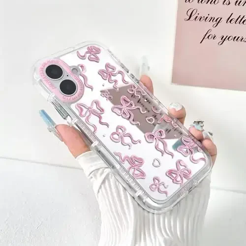 NITITOP iPhone 16 uchun mos keladigan g‘ilof, ayollar va qizlar uchun yoqimli oyna, kamon, sevgi yurak naqshli, lental dizayni, zarbaga chidamli kumush rangli himoya telefon qopqog‘i - pushti kamon - NITITOP (1)