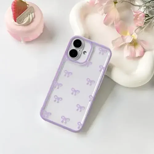 NITITOP iPhone 16 uchun mos keladigan g'ilof Chiroyli shaffof bardoshli lenta kamon naqshli qizlar ayollar uchun yumshoq TPU shaffof to'liq kamera linzalari zarbga chidamli himoya telefon qopqog'i - binafsha - 2