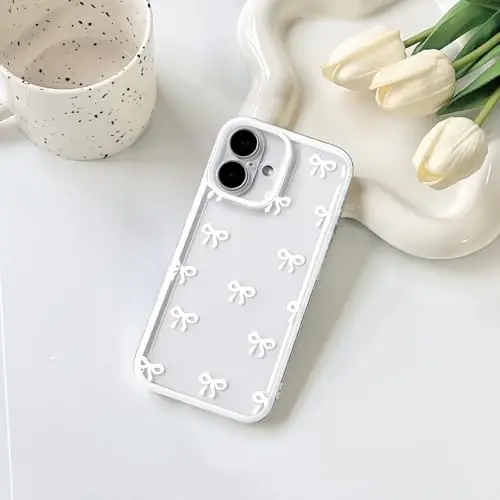 NITITOP iPhone 16 uchun mos keladigan g'ilof Chiroyli shaffof mustahkam lenta bantli qizlar uchun ayollar yumshoq TPU shaffof to'liq kamera linzalari zarbaga chidamli himoya telefon qopqog'i - Oq - 2