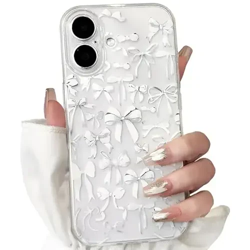 NITITOP iPhone 16 uchun mos keladigan g‘ilof, qizlar uchun yoqimli tiniq bantli dizayn, ayollar uchun oq bantli lenta, yumshoq ingichka zamonaviy himoya telefon qopqog‘i - Oq - 1