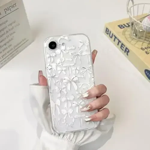 NITITOP iPhone 16e bilan mos keladigan g'ilof Chiroyli shaffof kamon dizayni Ayollar uchun oq kamon lentalari Yumshoq ingichka zamonaviy himoya telefon qopqog'i - Oq - 4