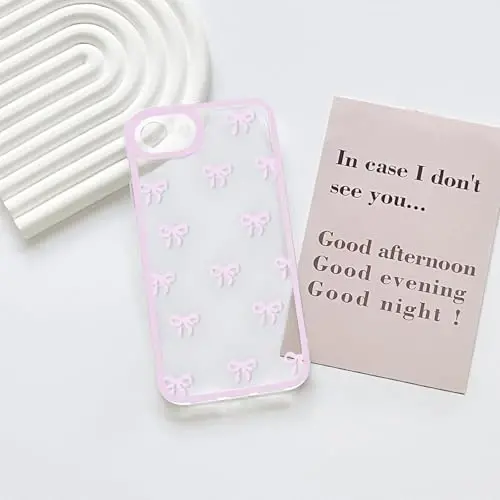 NITITOP iPhone 16e bilan mos keladigan G'ilof Shaffof Chiroyli Bardoshli Qizlar Ayollar uchun Kamon lenta naqshli Shaffof Yumshoq TPU To'liq Kamera linzalari Zarbadan himoya qiluvchi Telefon qopqog'i - Pushti2 - NITITOP (1)