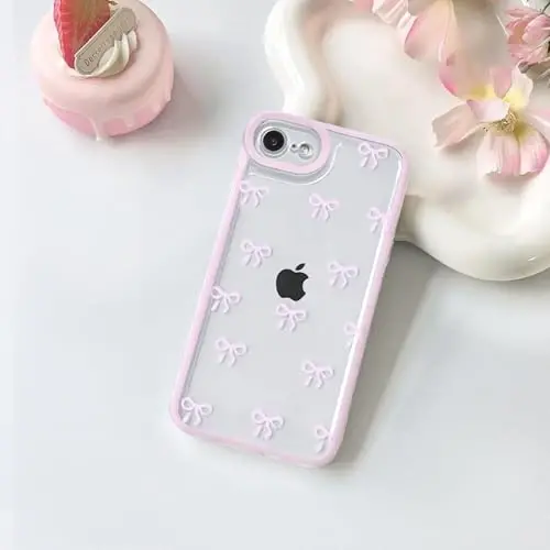 NITITOP iPhone 16e bilan mos keladigan G'ilof Shaffof Chiroyli Bardoshli Qizlar Ayollar uchun Kamon lenta naqshli Shaffof Yumshoq TPU To'liq Kamera linzalari Zarbadan himoya qiluvchi Telefon qopqog'i - Pushti2 - 3