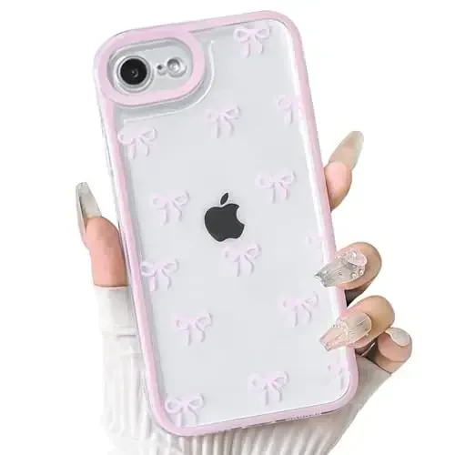 NITITOP Compatible with iPhone 16e Case Clear Cute Durable Bowknot Ribbon Pattern for Girls Women Transparent Soft TPU Full Camera Lens Shockproof Protective Phone Cover - Pink2 